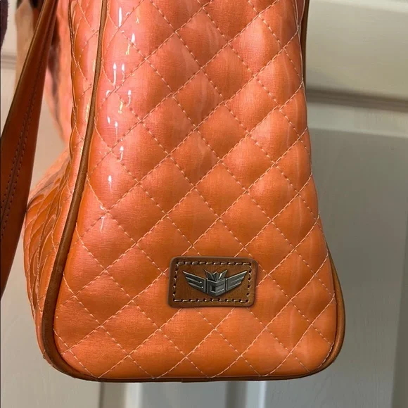 Consuela Orange Quilted Tote with Brown  Leather Accents, patent coated - Picture 6 of 10